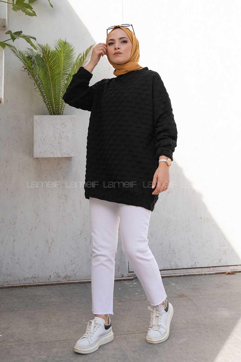 Modalamelif Bisiklet Yaka Jakarlı Tunik Siyah