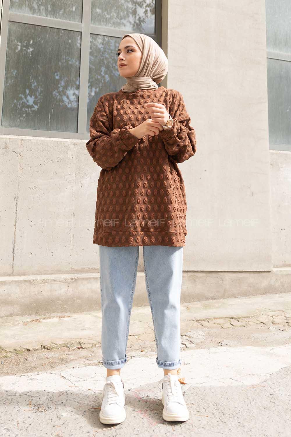 Modalamelif Bisiklet Yaka Jakarlı Tunik Soft Kahve