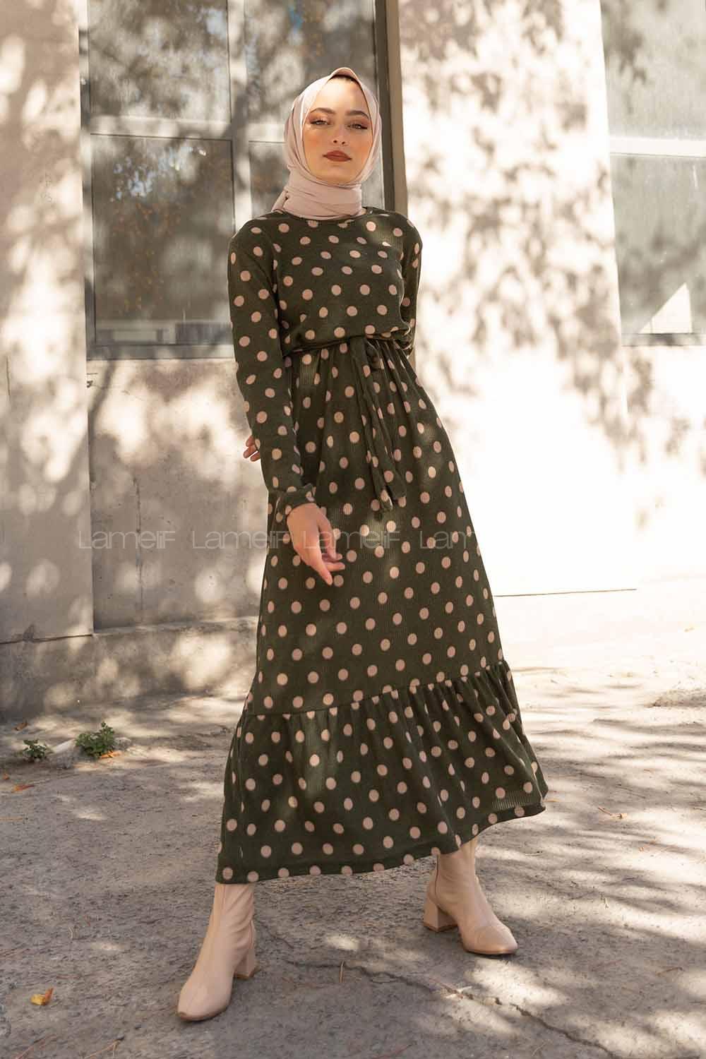 Modalamelif Bisiklet Yaka Kuşaklı Puantiye Elbise Haki