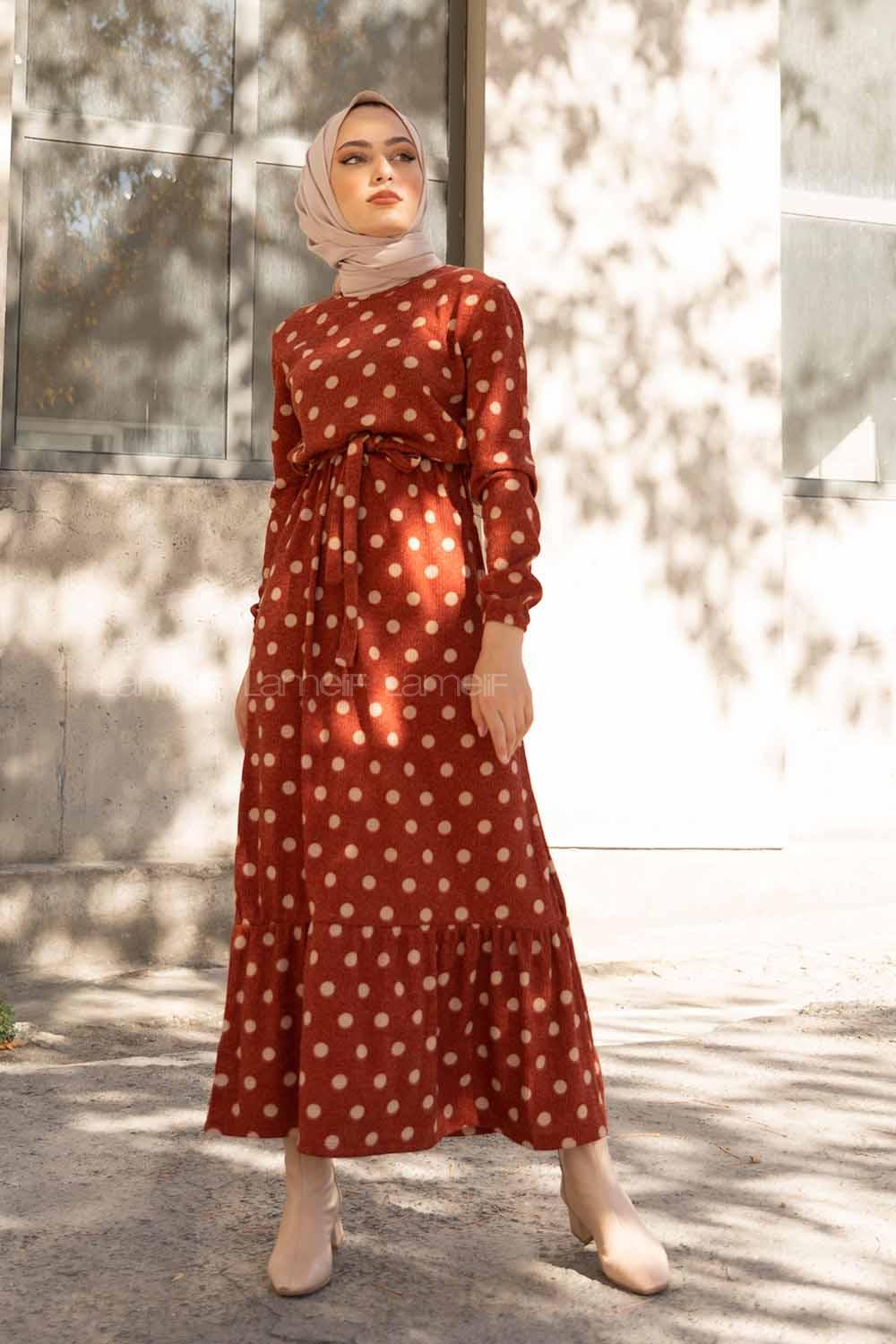 Modalamelif Bisiklet Yaka Kuşaklı Puantiye Elbise Kiremit