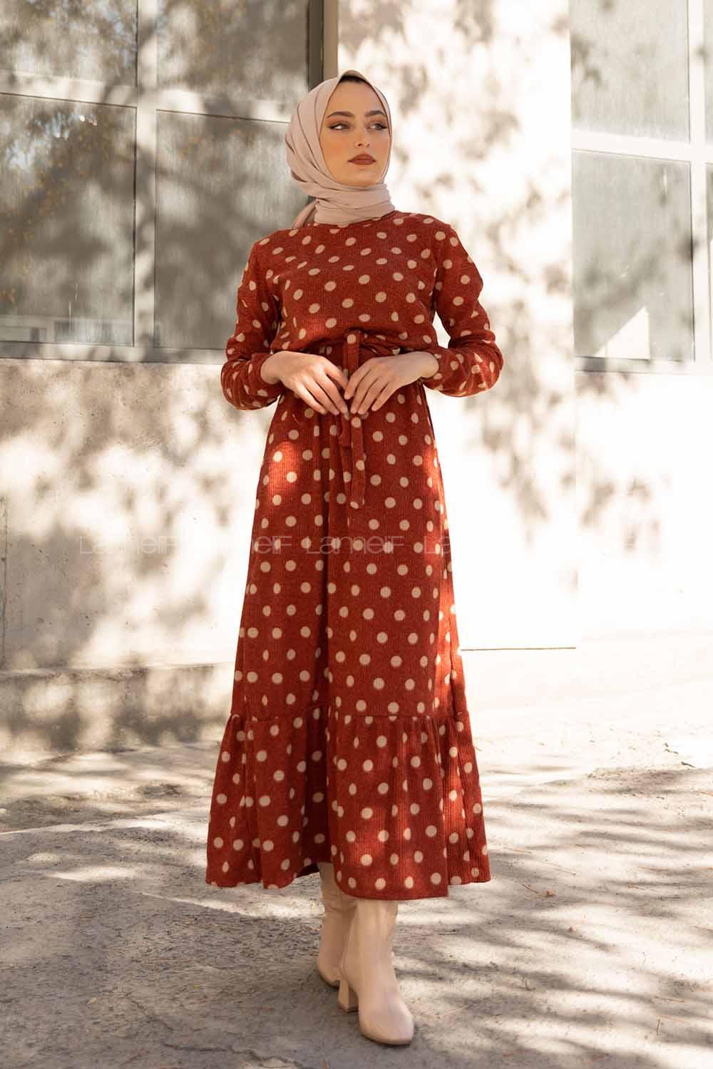 Modalamelif Bisiklet Yaka Kuşaklı Puantiye Elbise Kiremit