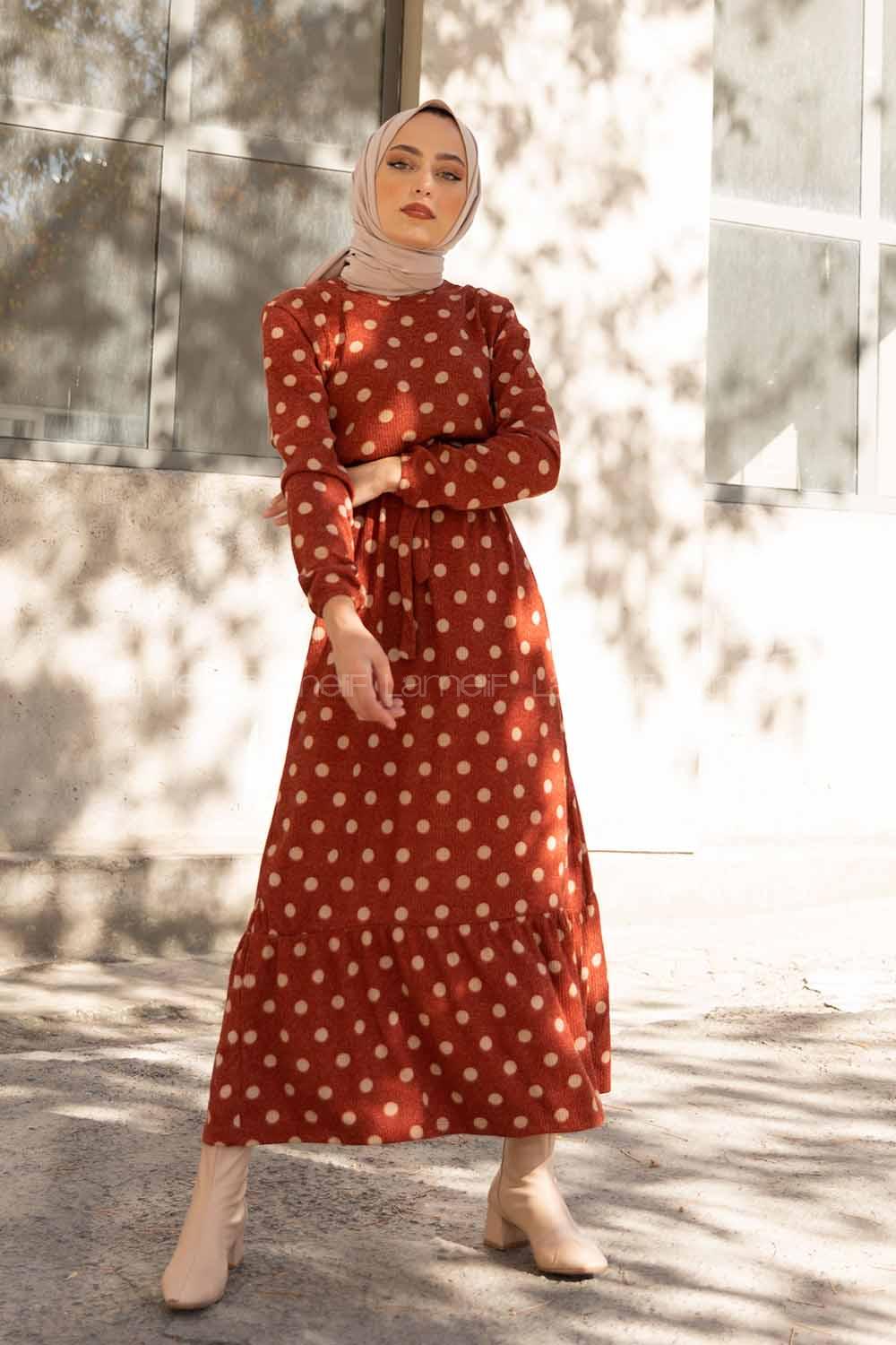 Modalamelif Bisiklet Yaka Kuşaklı Puantiye Elbise Kiremit