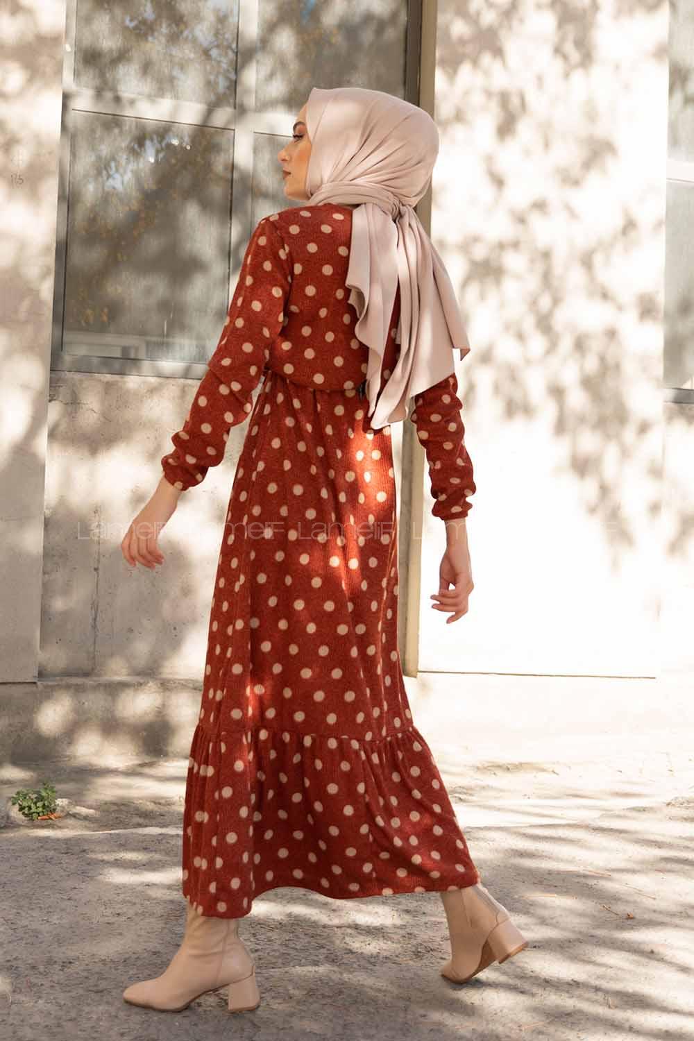 Modalamelif Bisiklet Yaka Kuşaklı Puantiye Elbise Kiremit