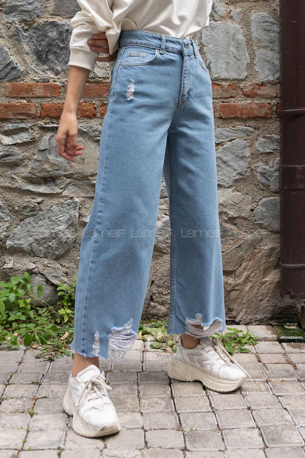 Modalamelif Bol Paça Yırtıklı Kot Pantolon Açık Mavi