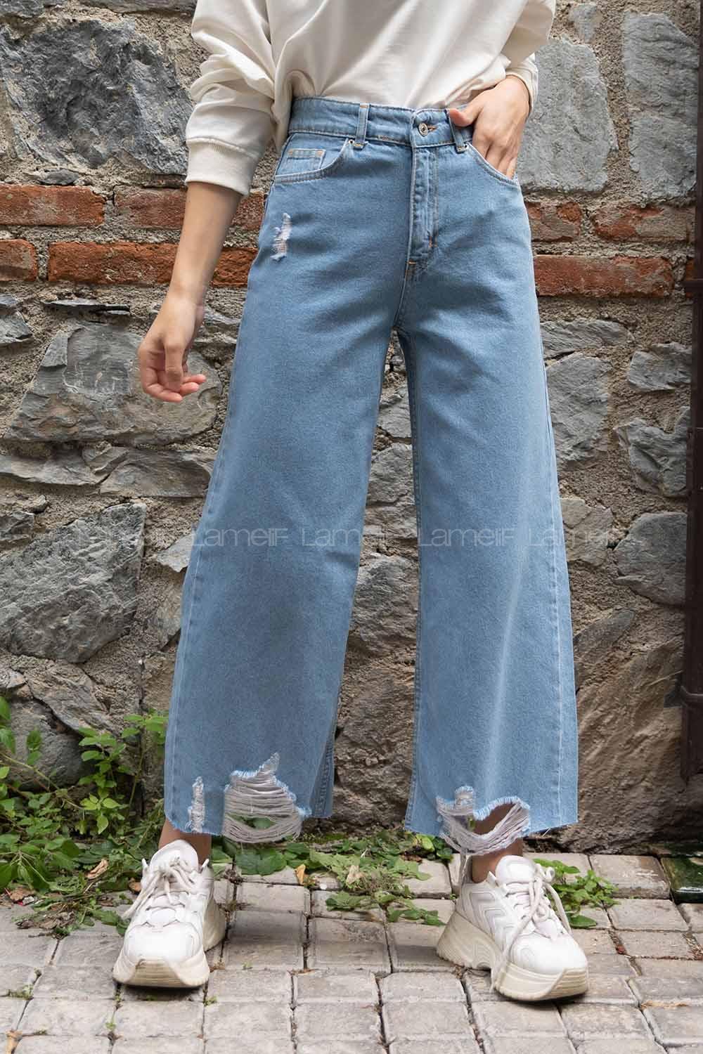 Modalamelif Bol Paça Yırtıklı Kot Pantolon Açık Mavi