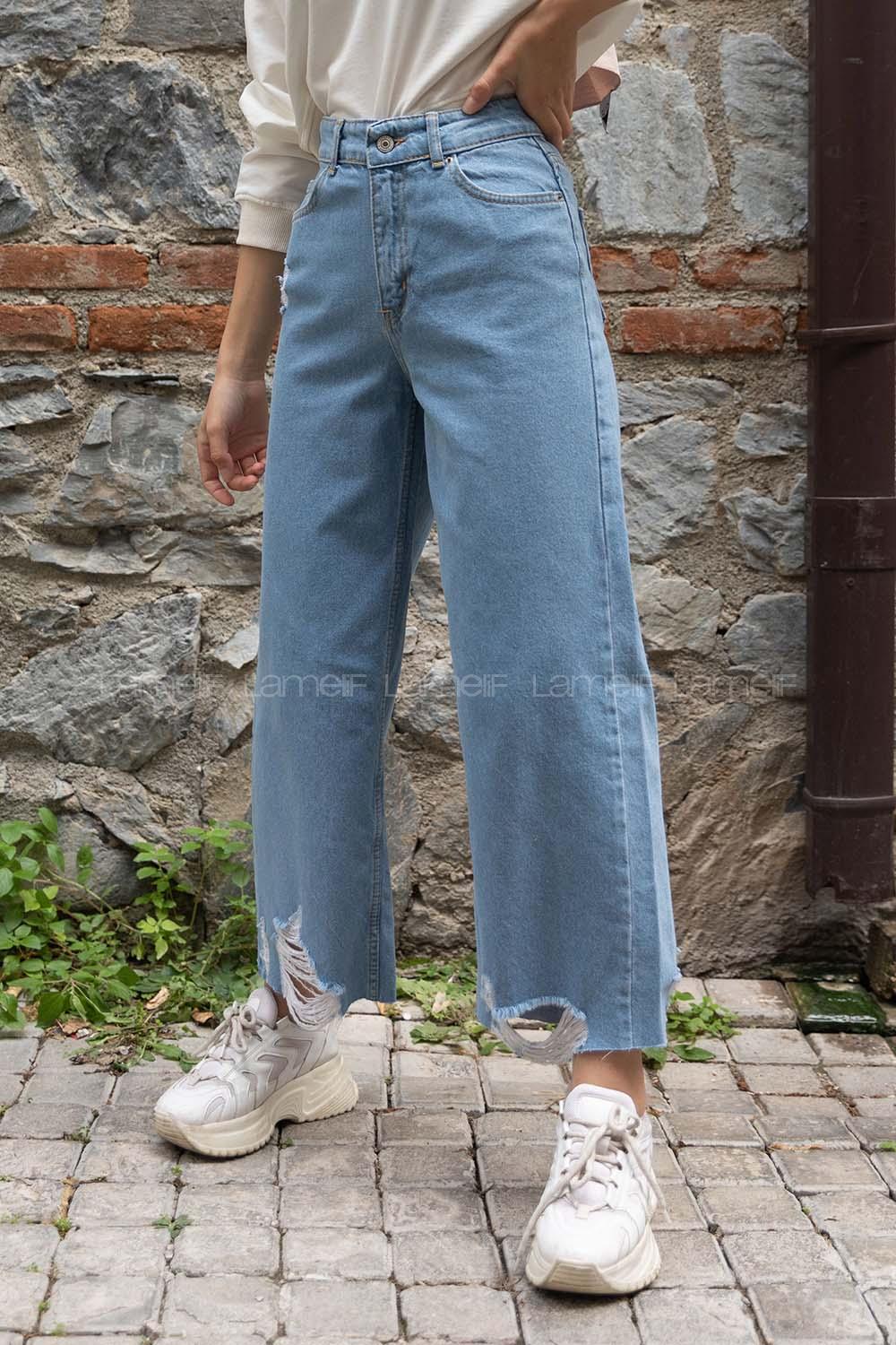 Modalamelif Bol Paça Yırtıklı Kot Pantolon Açık Mavi