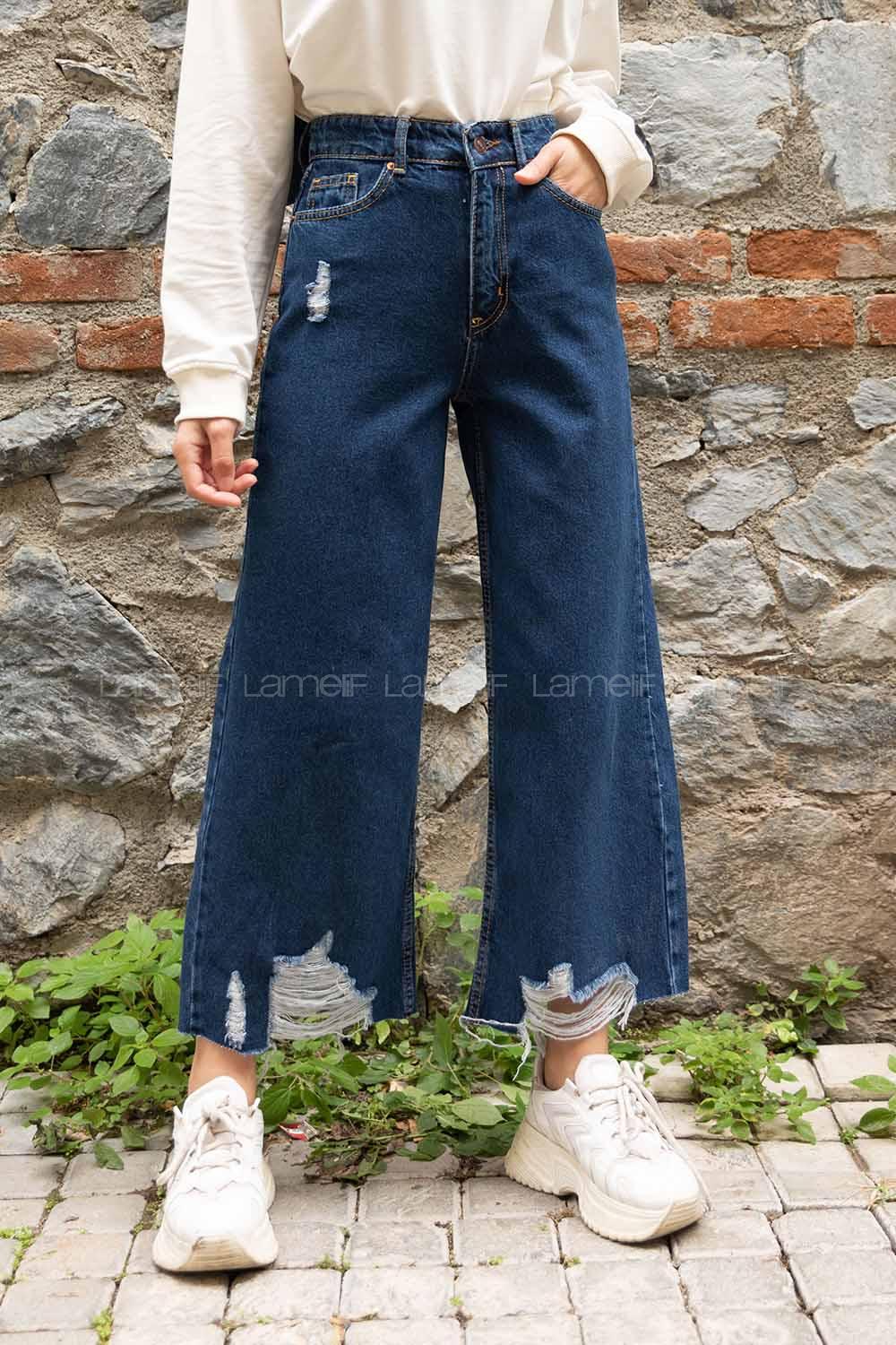 Modalamelif Bol Paça Yırtıklı Kot Pantolon Koyu Mavi