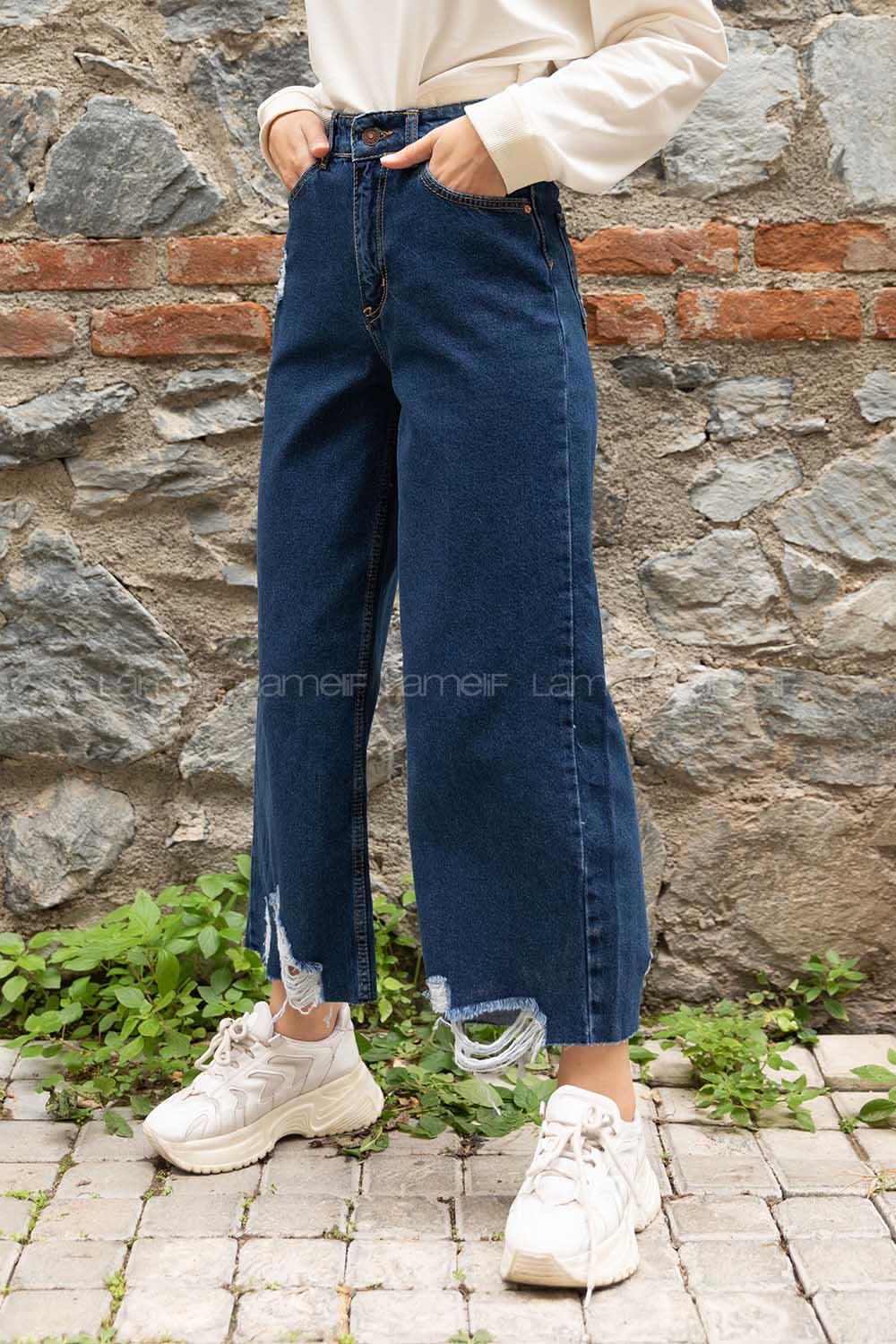 Modalamelif Bol Paça Yırtıklı Kot Pantolon Koyu Mavi