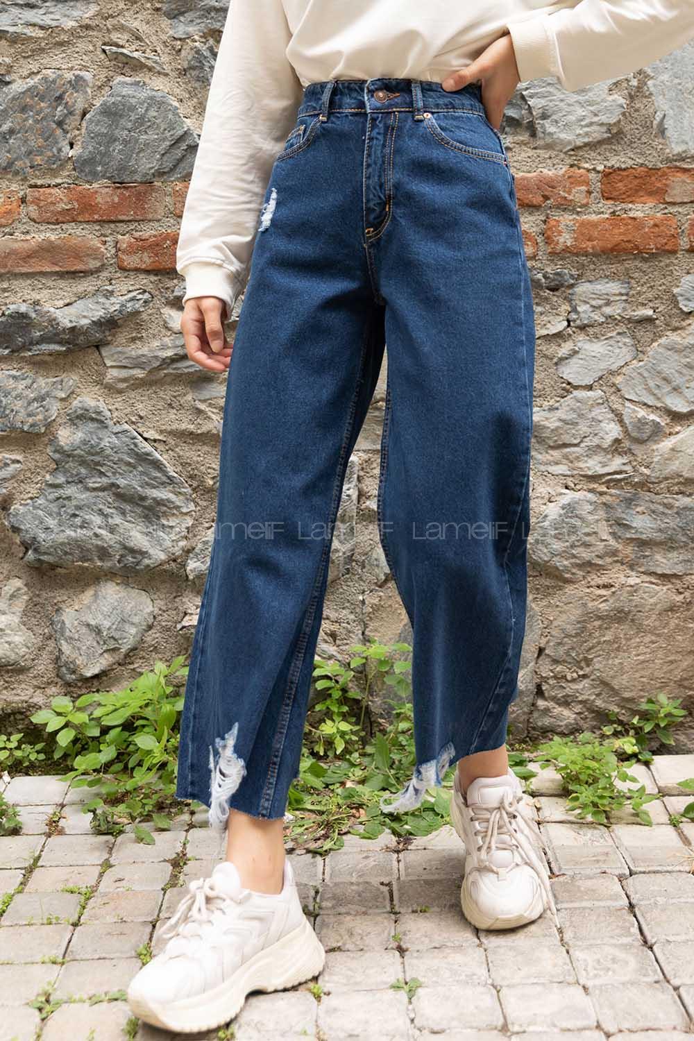 Modalamelif Bol Paça Yırtıklı Kot Pantolon Koyu Mavi