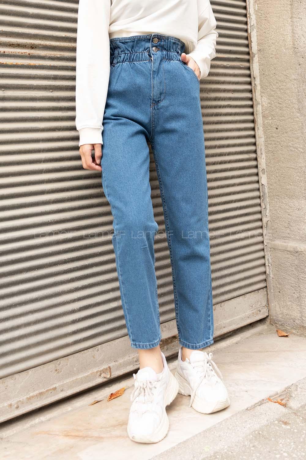 Modalamelif Çift Düğmeli Yüksek Bel Kot Pantolon Açık Mavi