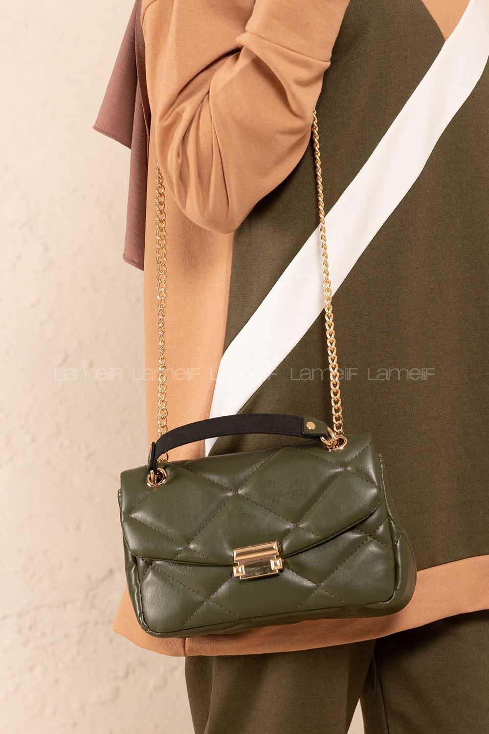 Modalamelif  Dikişli Deri Görünümlü Çanta Haki