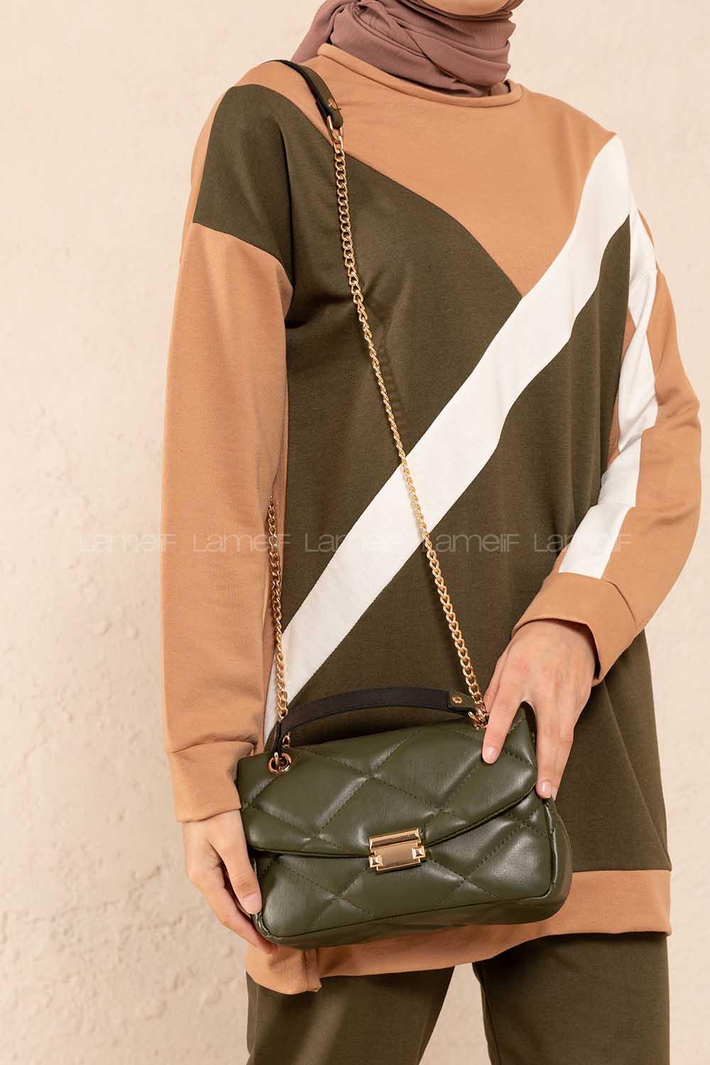 Modalamelif  Dikişli Deri Görünümlü Çanta Haki