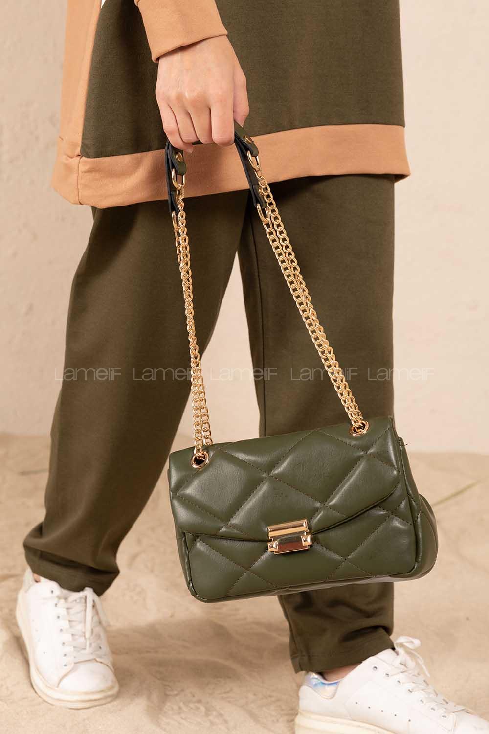 Modalamelif  Dikişli Deri Görünümlü Çanta Haki