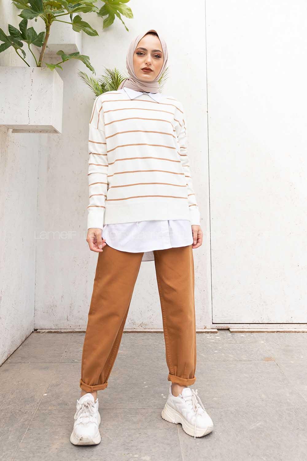Modalamelif Düşük Kol Çizgili Kazak Ekru Bej