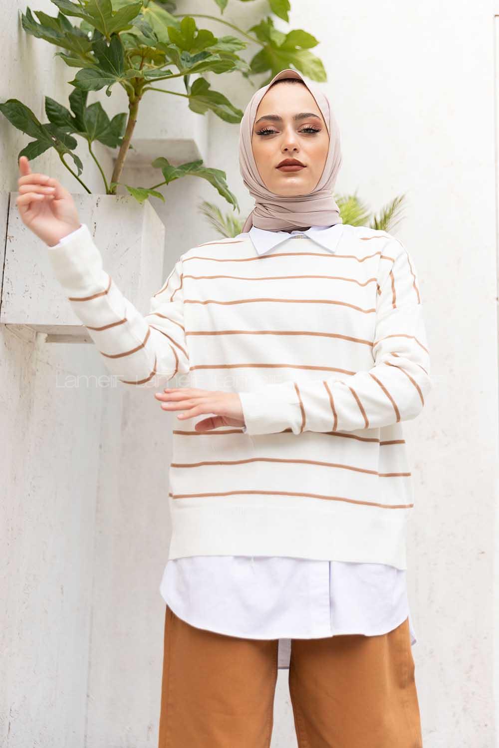 Modalamelif Düşük Kol Çizgili Kazak Ekru Bej