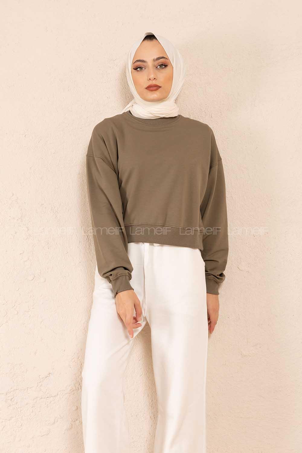 Modalamelif Düz Renk Crop Sweatshirt Haki