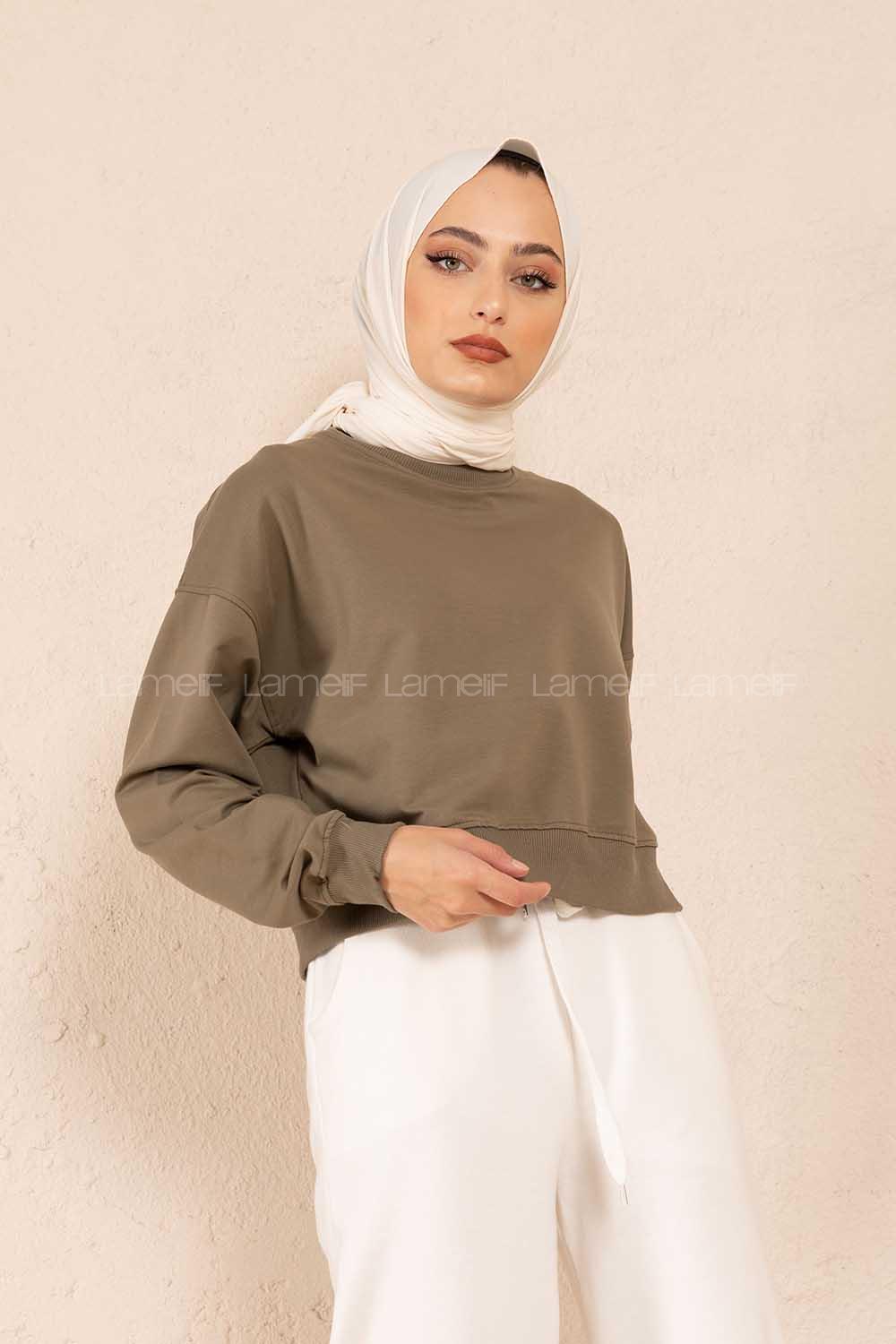 Modalamelif Düz Renk Crop Sweatshirt Haki