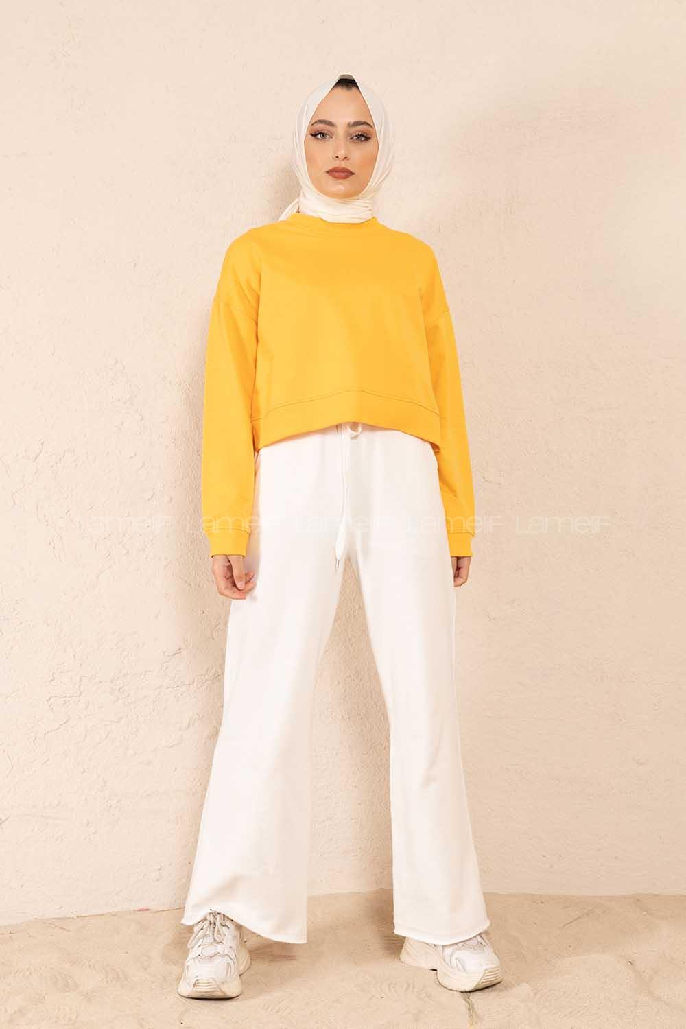 Modalamelif Düz Renk Crop Sweatshirt Hardal Sarısı