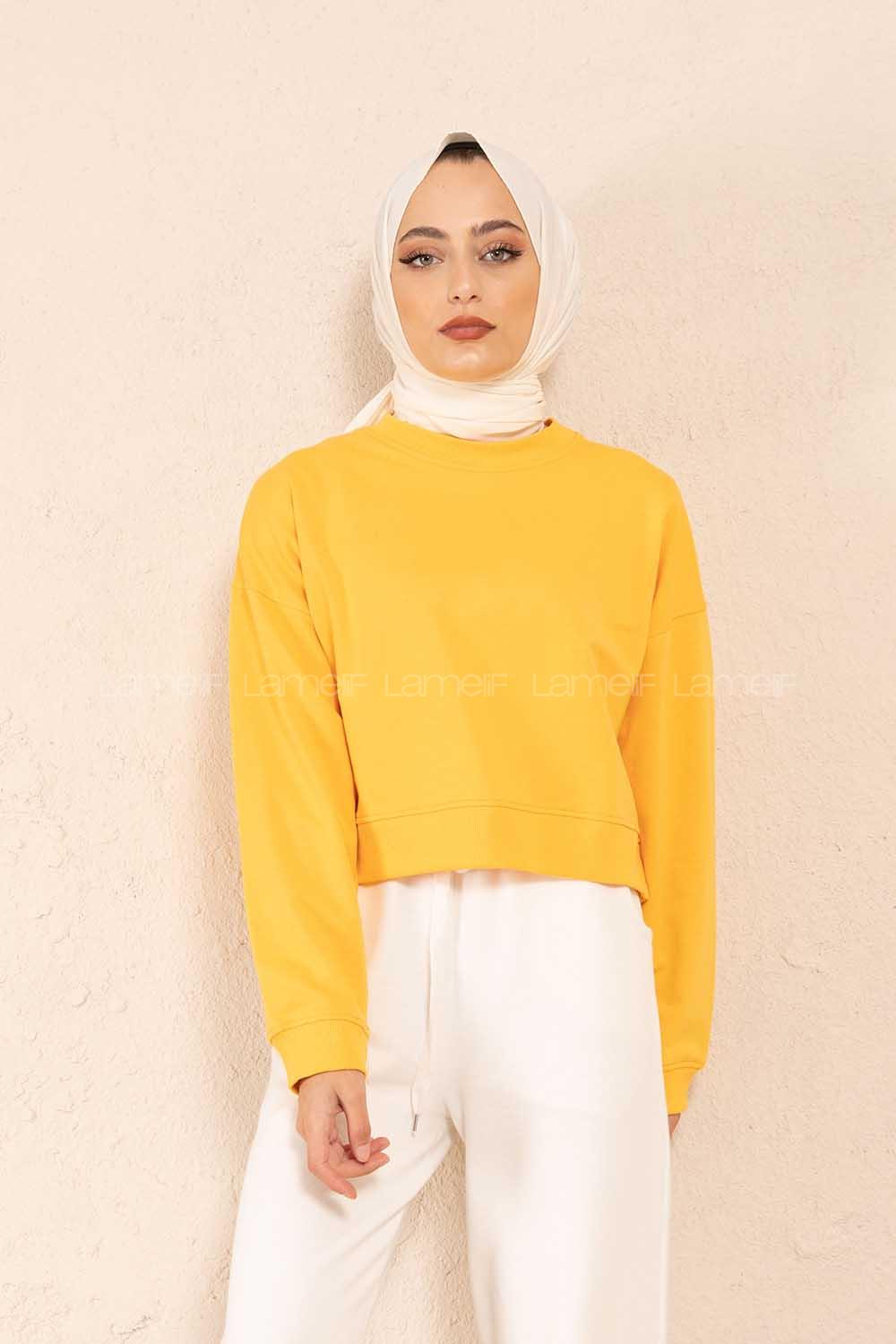 Modalamelif Düz Renk Crop Sweatshirt Hardal Sarısı