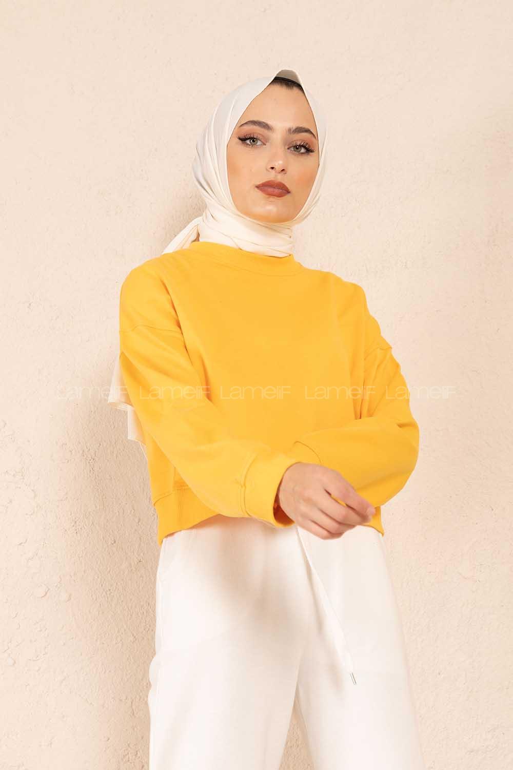 Modalamelif Düz Renk Crop Sweatshirt Hardal Sarısı