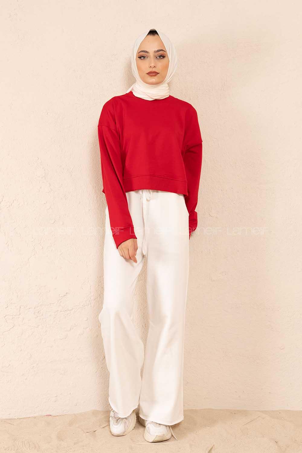 Modalamelif Düz Renk Crop Sweatshirt Kırmızı