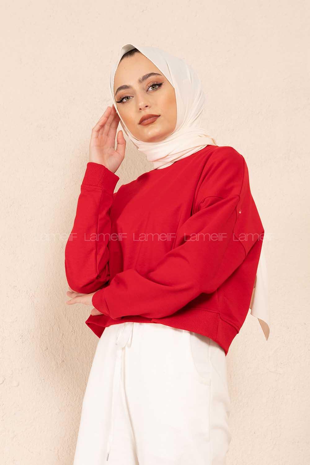 Modalamelif Düz Renk Crop Sweatshirt Kırmızı