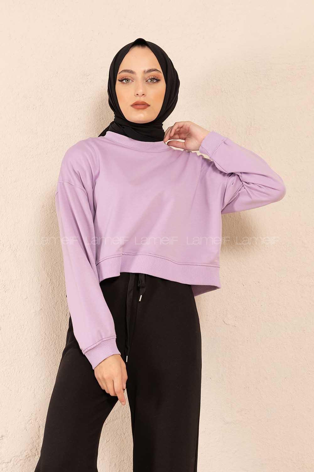Modalamelif Düz Renk Crop Sweatshirt Lila