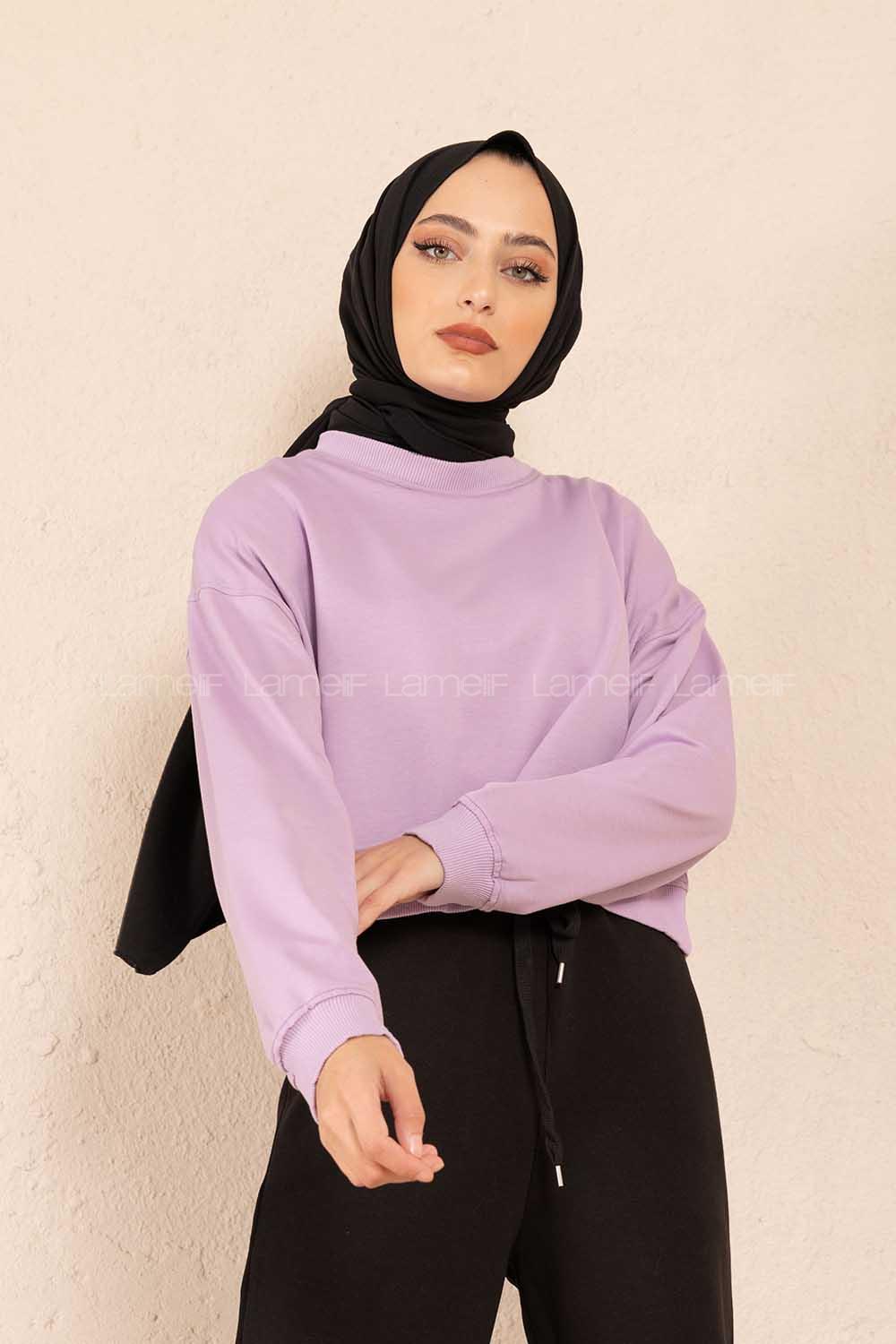 Modalamelif Düz Renk Crop Sweatshirt Lila