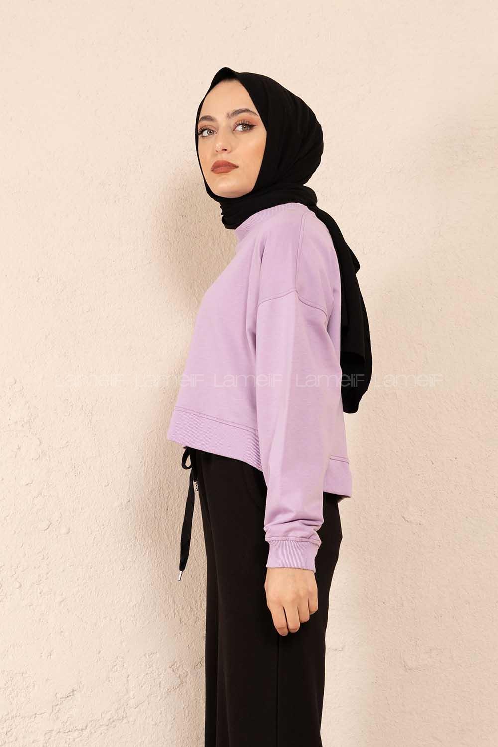 Modalamelif Düz Renk Crop Sweatshirt Lila