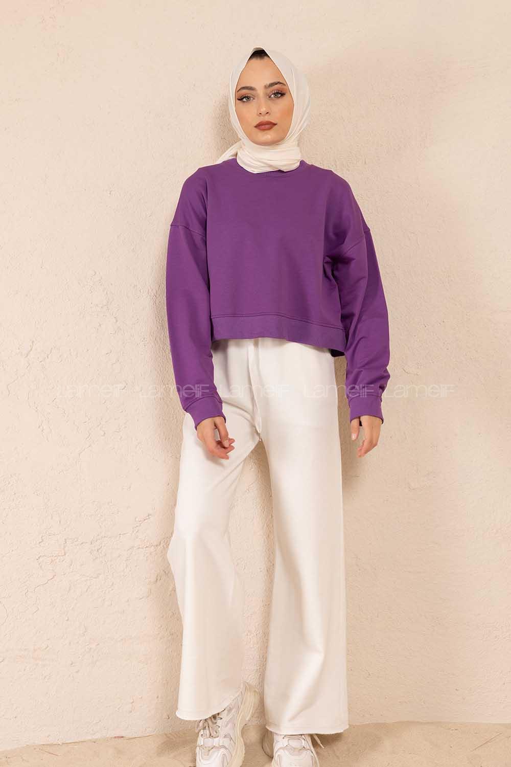 Modalamelif Düz Renk Crop Sweatshirt Mor