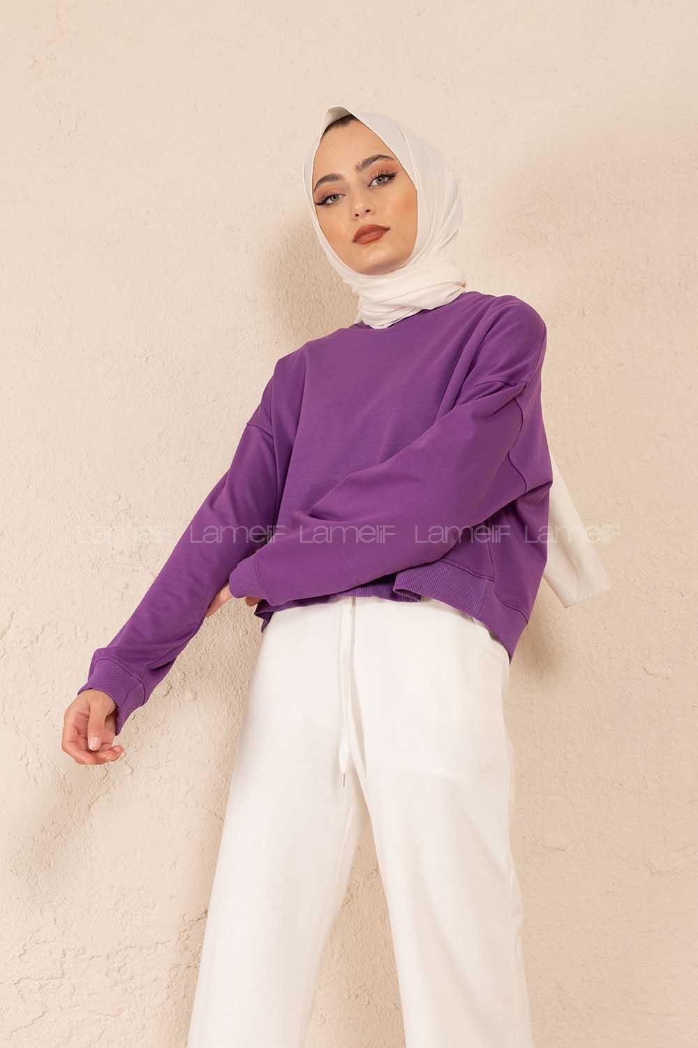 Modalamelif Düz Renk Crop Sweatshirt Mor