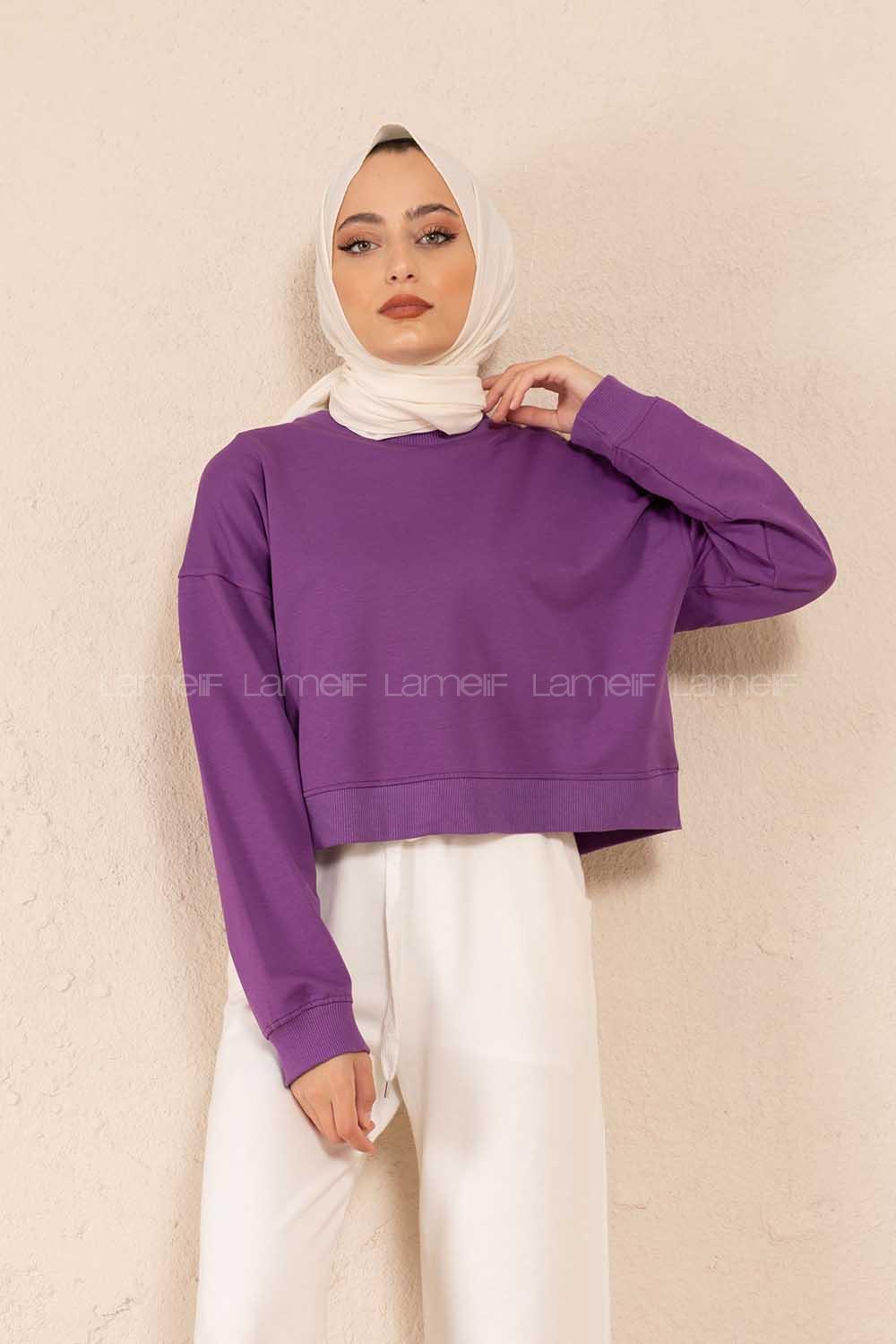 Modalamelif Düz Renk Crop Sweatshirt Mor