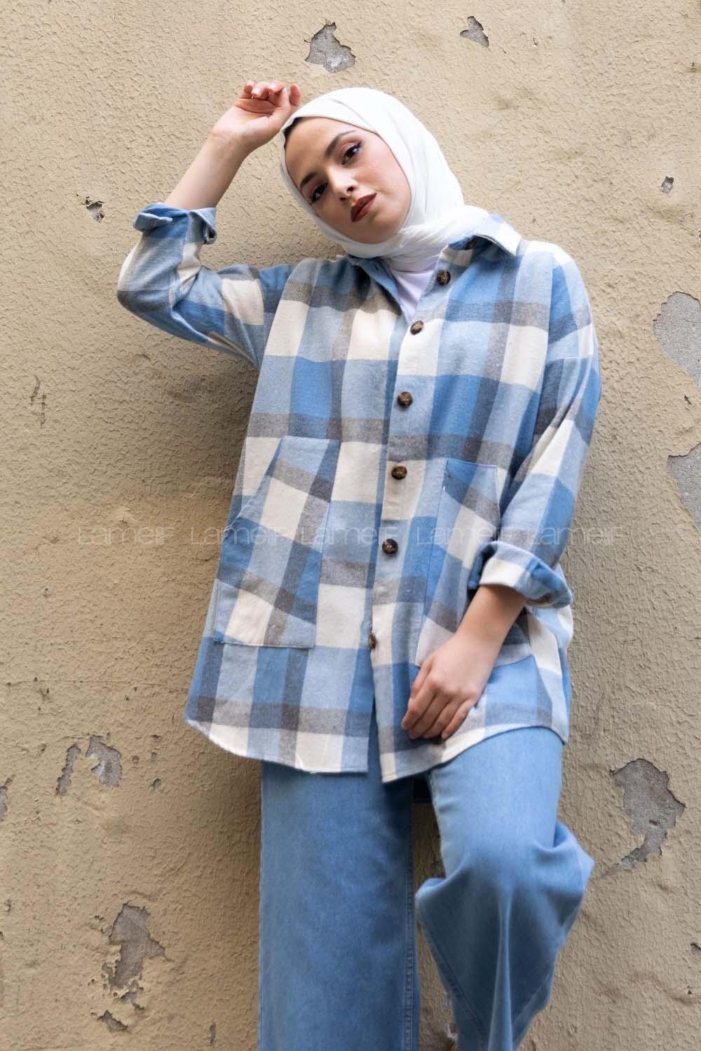 Modalamelif Kanguru Cep Ekose Gömlek Açık Mavi