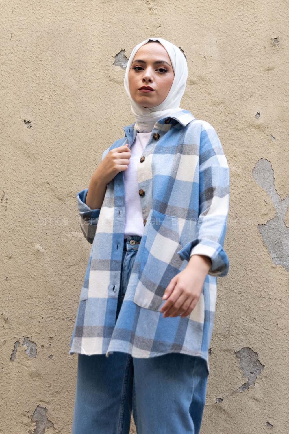 Modalamelif Kanguru Cep Ekose Gömlek Açık Mavi