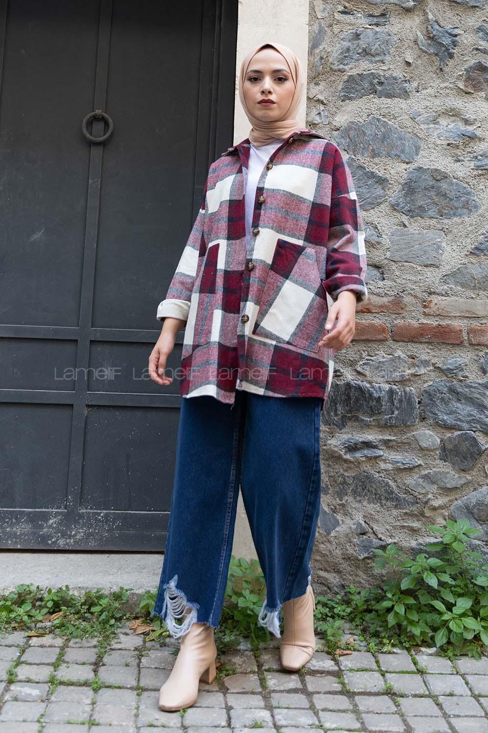 Modalamelif Kanguru Cep Ekose Gömlek Ekru Bordo