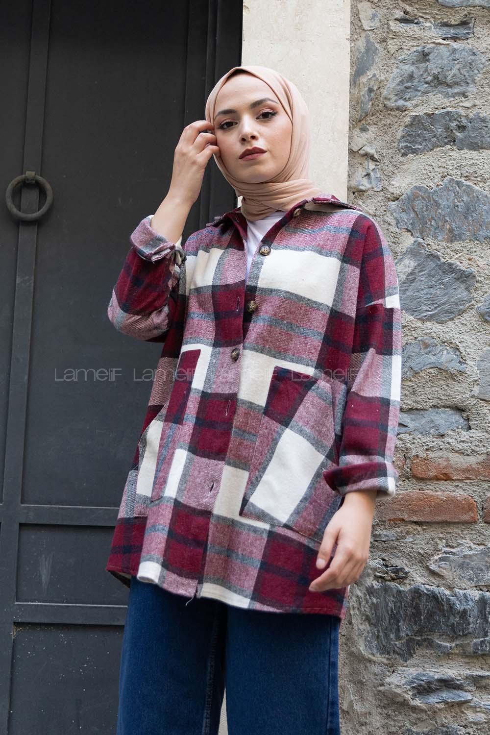 Modalamelif Kanguru Cep Ekose Gömlek Ekru Bordo