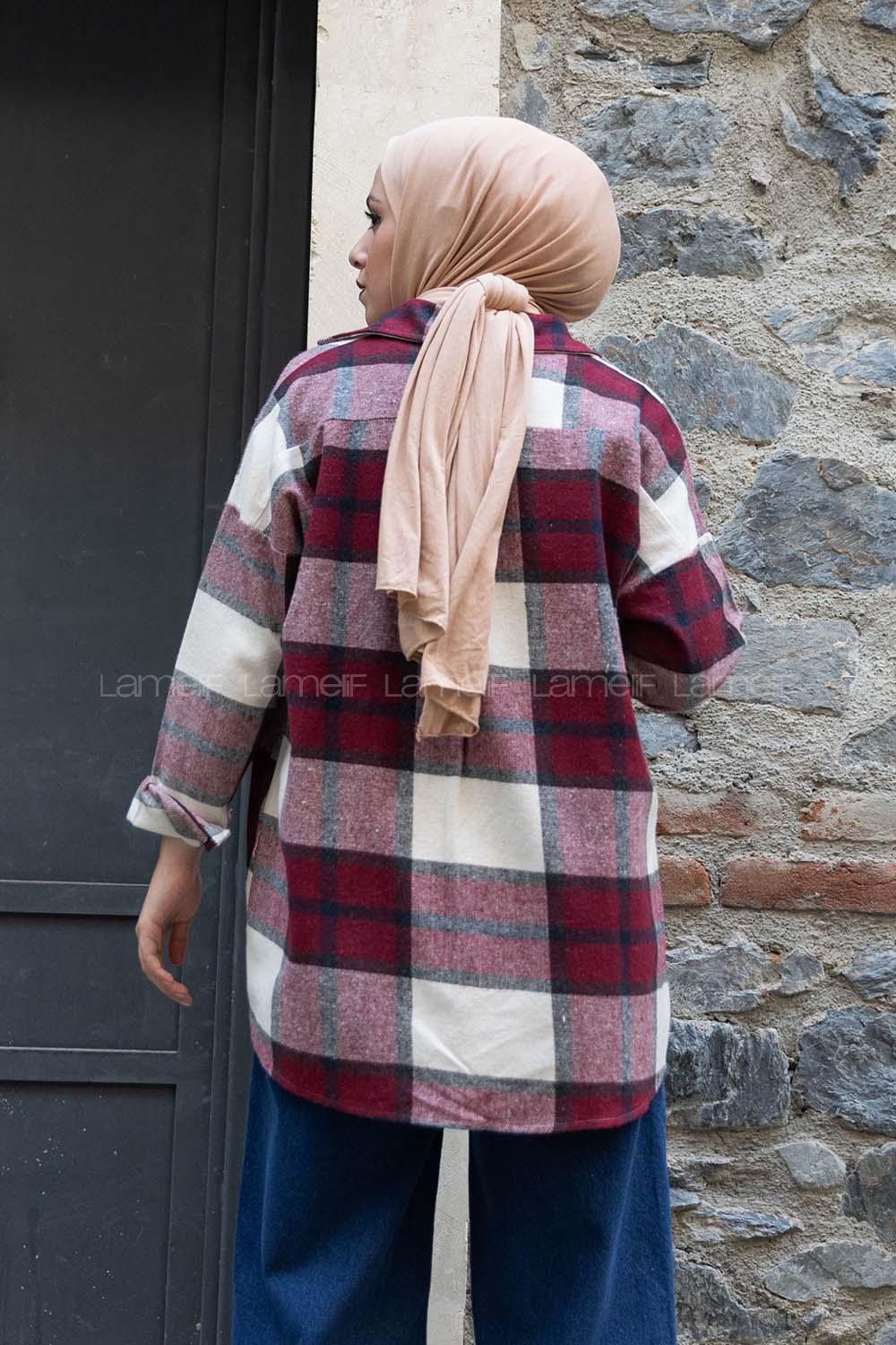 Modalamelif Kanguru Cep Ekose Gömlek Ekru Bordo