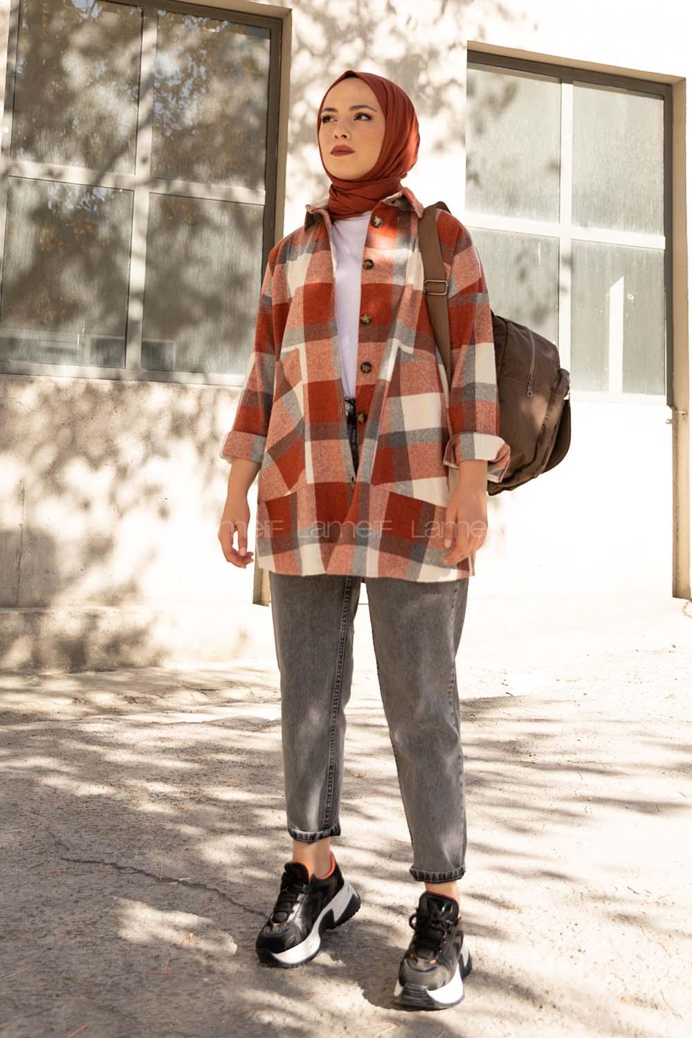 Modalamelif Kanguru Cep Ekose Gömlek Ekru Kiremit