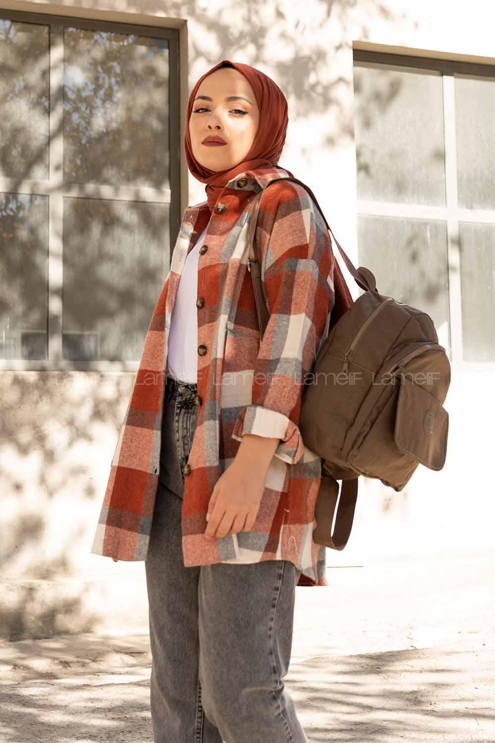 Modalamelif Kanguru Cep Ekose Gömlek Ekru Kiremit