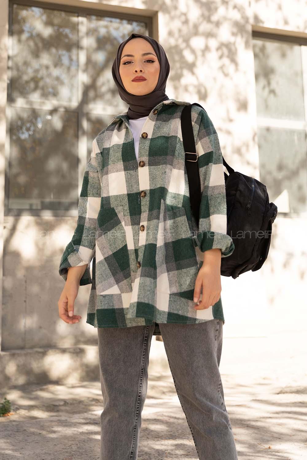 Modalamelif Kanguru Cep Ekose Gömlek Ekru Yeşil