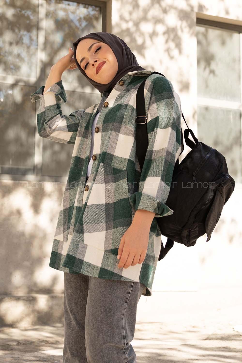 Modalamelif Kanguru Cep Ekose Gömlek Ekru Yeşil