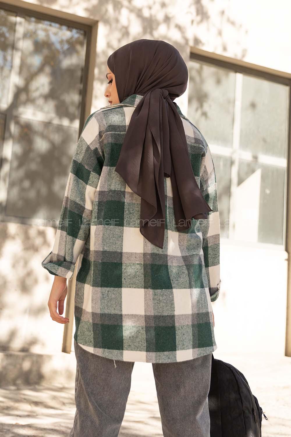 Modalamelif Kanguru Cep Ekose Gömlek Ekru Yeşil