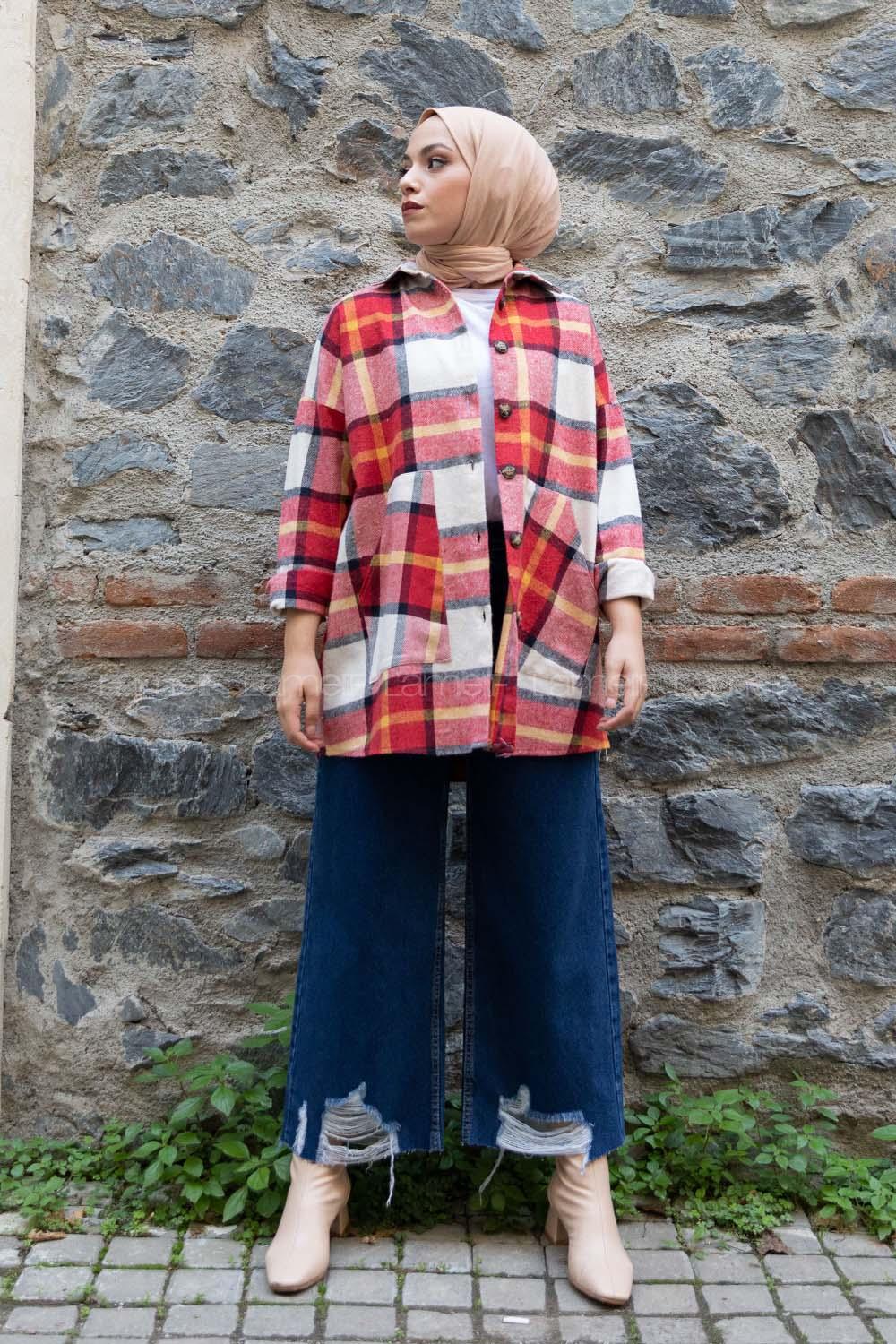 Modalamelif Kanguru Cep Ekose Gömlek Kırmızı Hardal