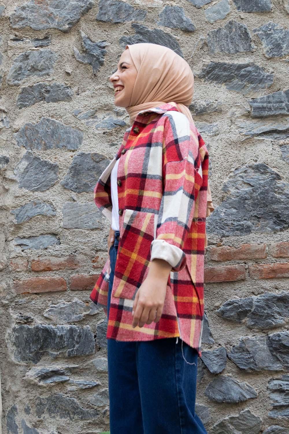 Modalamelif Kanguru Cep Ekose Gömlek Kırmızı Hardal