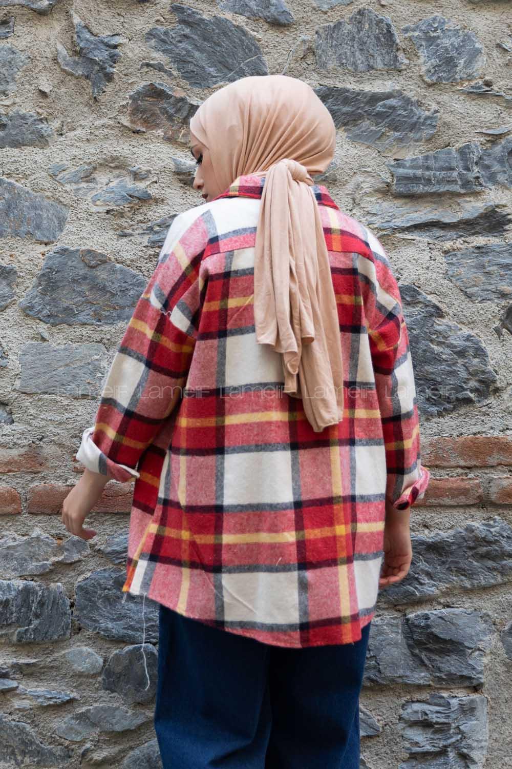 Modalamelif Kanguru Cep Ekose Gömlek Kırmızı Hardal