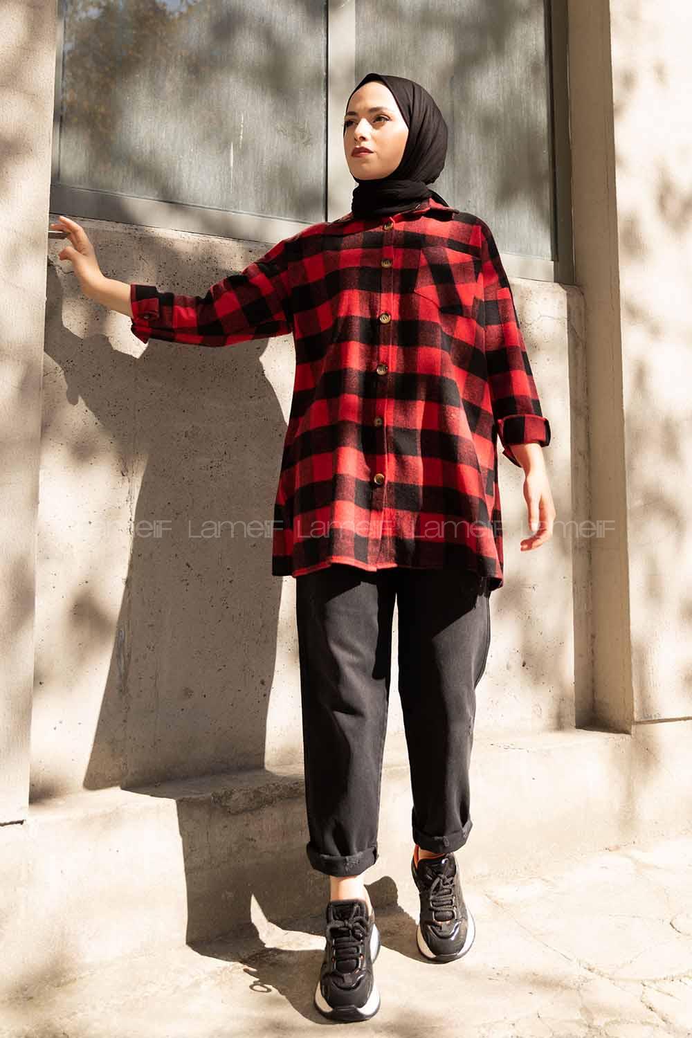 Modalamelif Kanguru Cep Ekose Gömlek Kırmızı Siyah