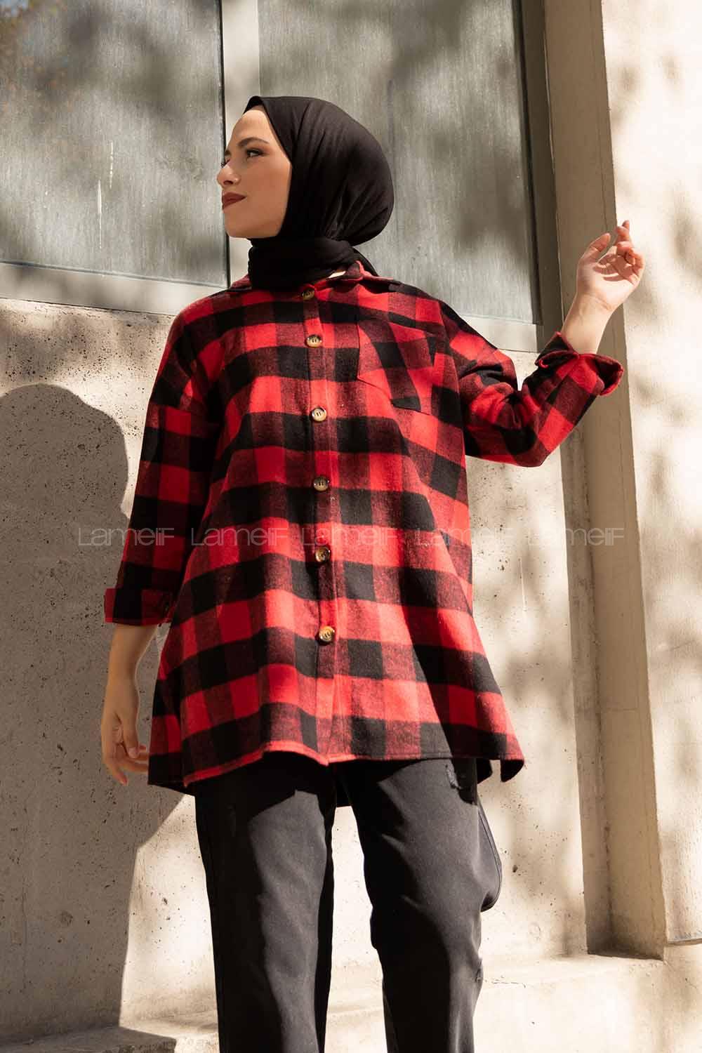 Modalamelif Kanguru Cep Ekose Gömlek Kırmızı Siyah