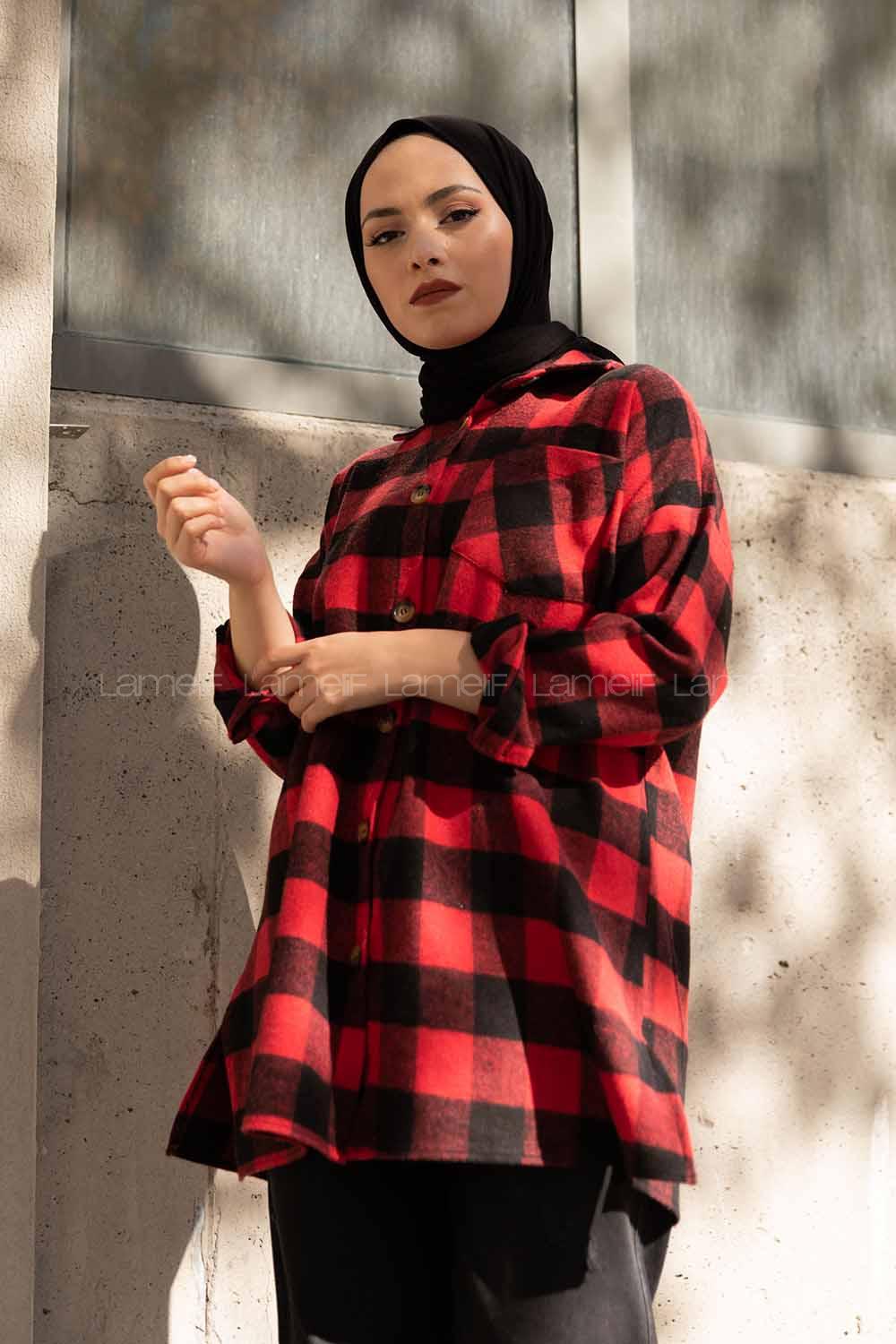 Modalamelif Kanguru Cep Ekose Gömlek Kırmızı Siyah