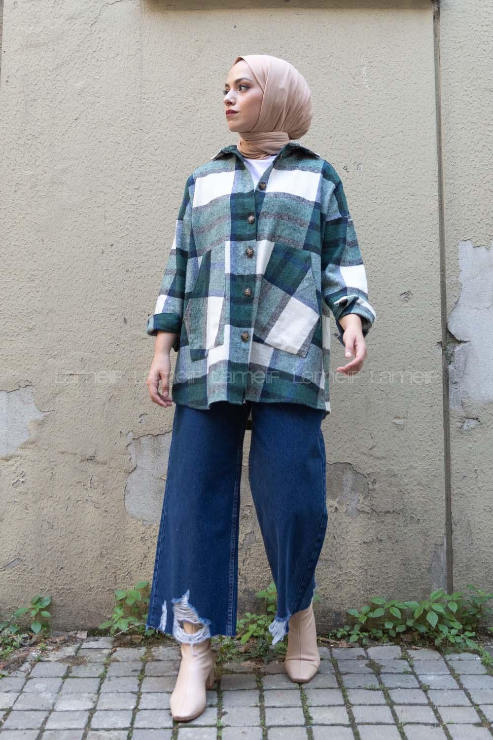 Modalamelif Kanguru Cep Ekose Gömlek Yeşil İndigo