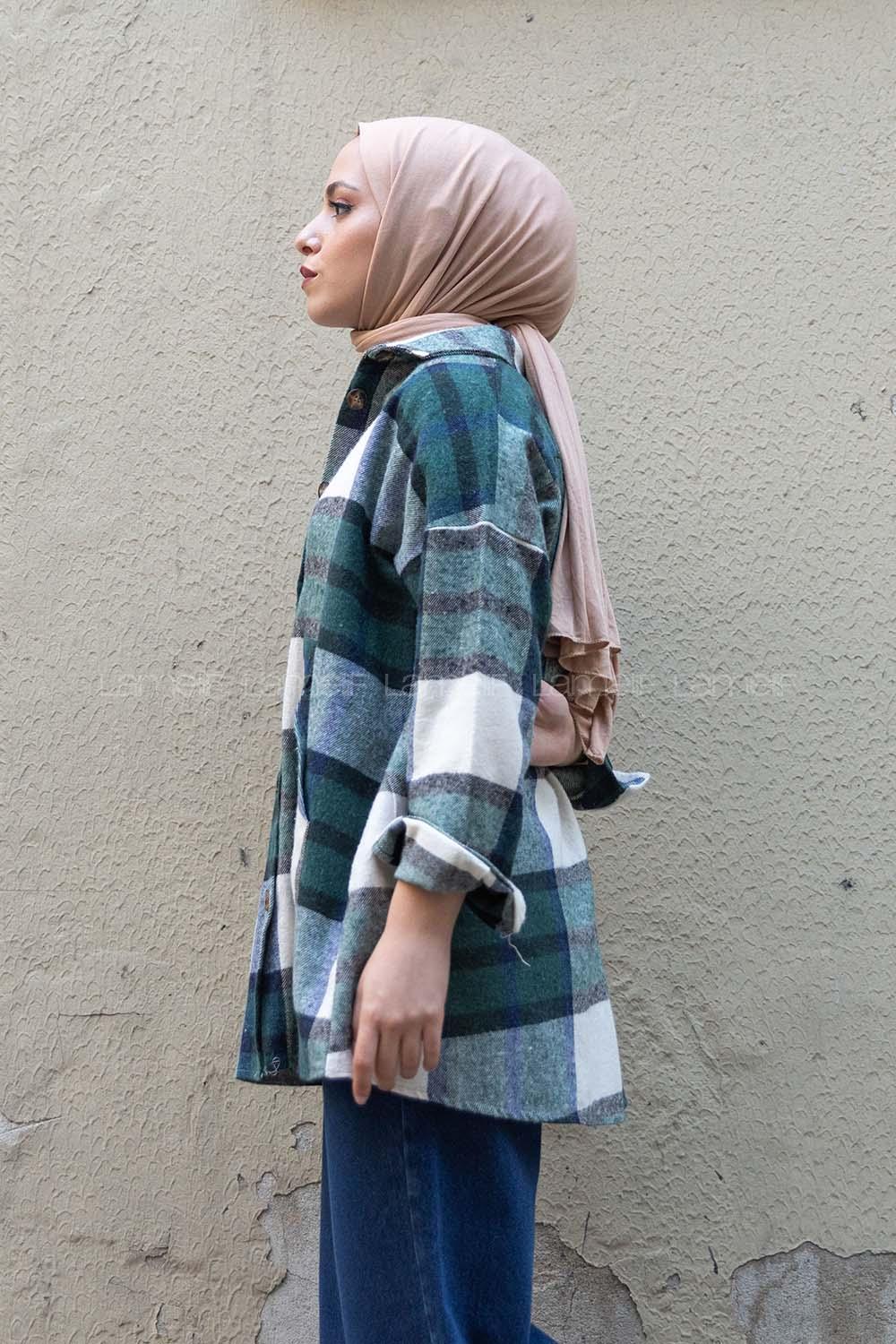 Modalamelif Kanguru Cep Ekose Gömlek Yeşil İndigo